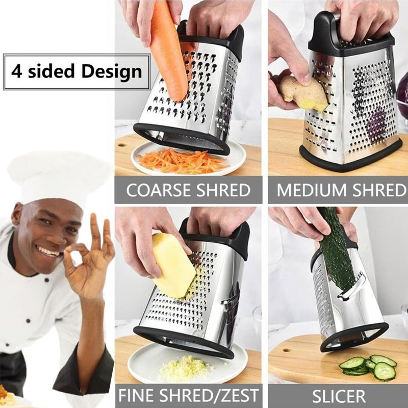 Cuatro lados de acero inoxidable raspador con mango, raspador multifuncional para pepinos, zanahorias, queso, patatas