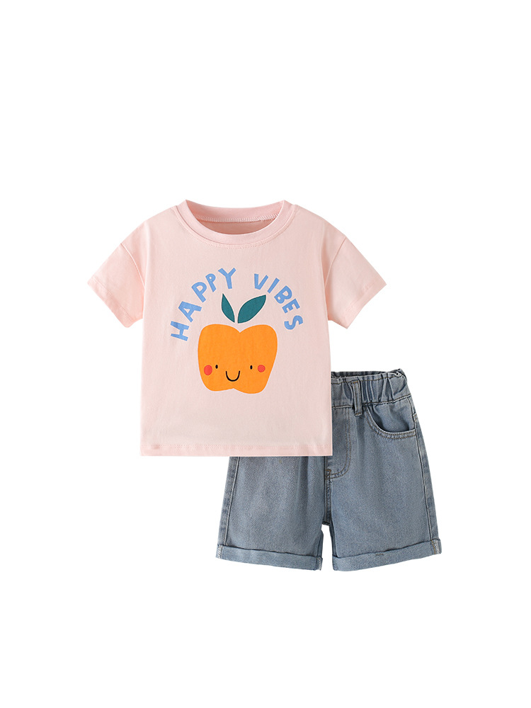 Traje de niña malwee transfronterizo verano nuevo estilo europeo y americano niños pequeños y medianos cuello redondo manga corta cintura elástica jeans casuales