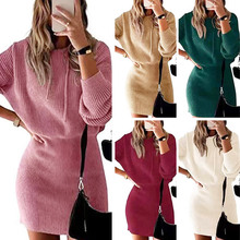 跨境春秋新品欧美风针织连帽连衣裙中长款收腰气质通勤针织裙批发