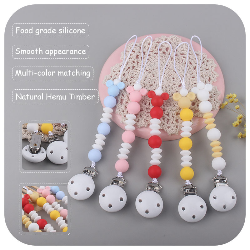 Suministros para bebés calmante clip de chupete de madera Baby Mickey cuentas de silicona Cadena de chupete cadena anti-caída Amazon nuevo