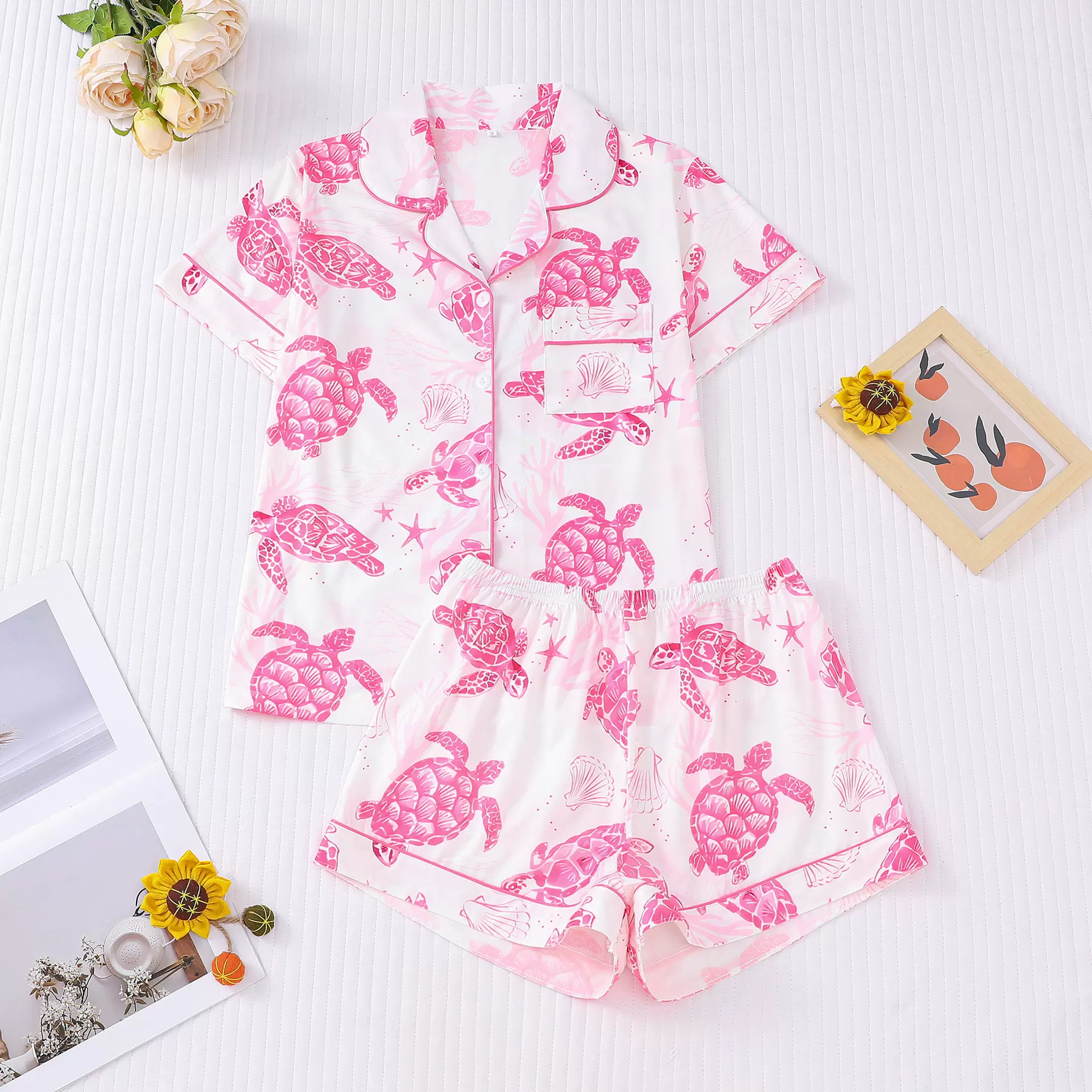 跨境外贸爆款女士睡衣四季海龟印花翻领短袖短裤欧美家居服套装