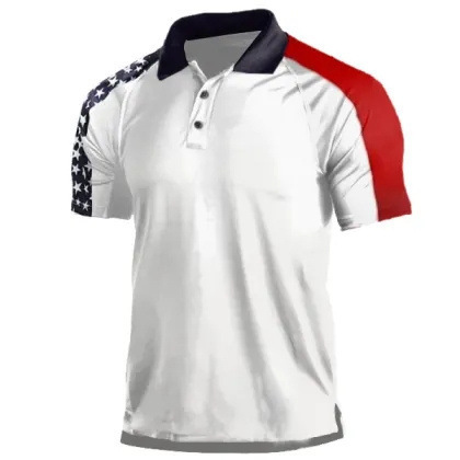 2023 Summer Cross-border Independent Station Hot Sale Men's T-shirt American Flag Classic Casual Lapel Polo Shirt Chain T-shirt