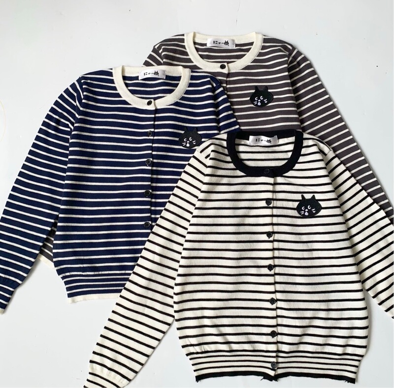 Spring and Autumn Korean Style Color-Blocking Round Neck Polka Dot Yarn Striped Cat Embroidery Casual Versatile Linen Wool Women's Knit Cardigan