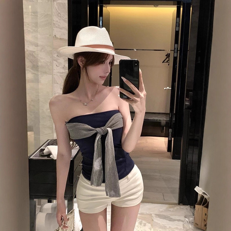 White Striped Tie Patchwork Tube Top for Women 2025 Summer New Hot Girl Design Slim Fit Sleeveless Top