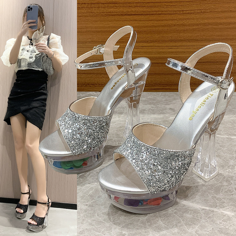 2022 summer floral sequins with ultra-high heels transparent bottom Crystal chunky heels women's shoes sandals wedding bridesmaid shoes