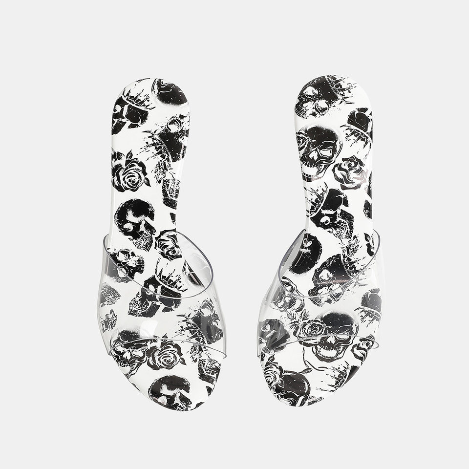 Dép sandal nữ quai ngang mũi hở, đế mỏng gót nhọn cao trên 8 cm, phối họa tiết trong suốt — Màu xanh da trời, trắng, đen chi tiết 6