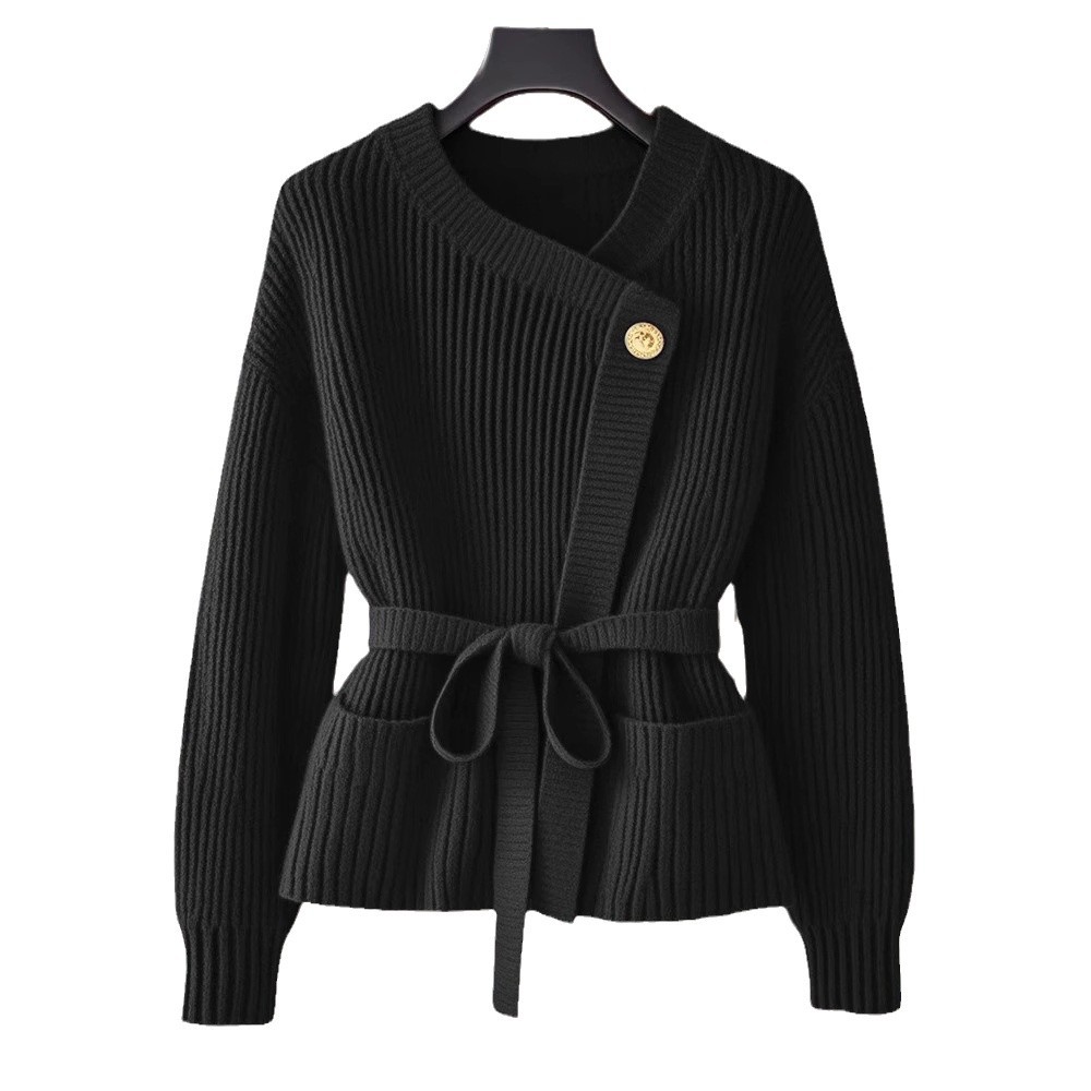 Korean-Style Asymmetrical Knit Cardigan – Oversized Open-Front Sweater (Polyester, S-XXXL, Minimalist Chic)_voghion.com