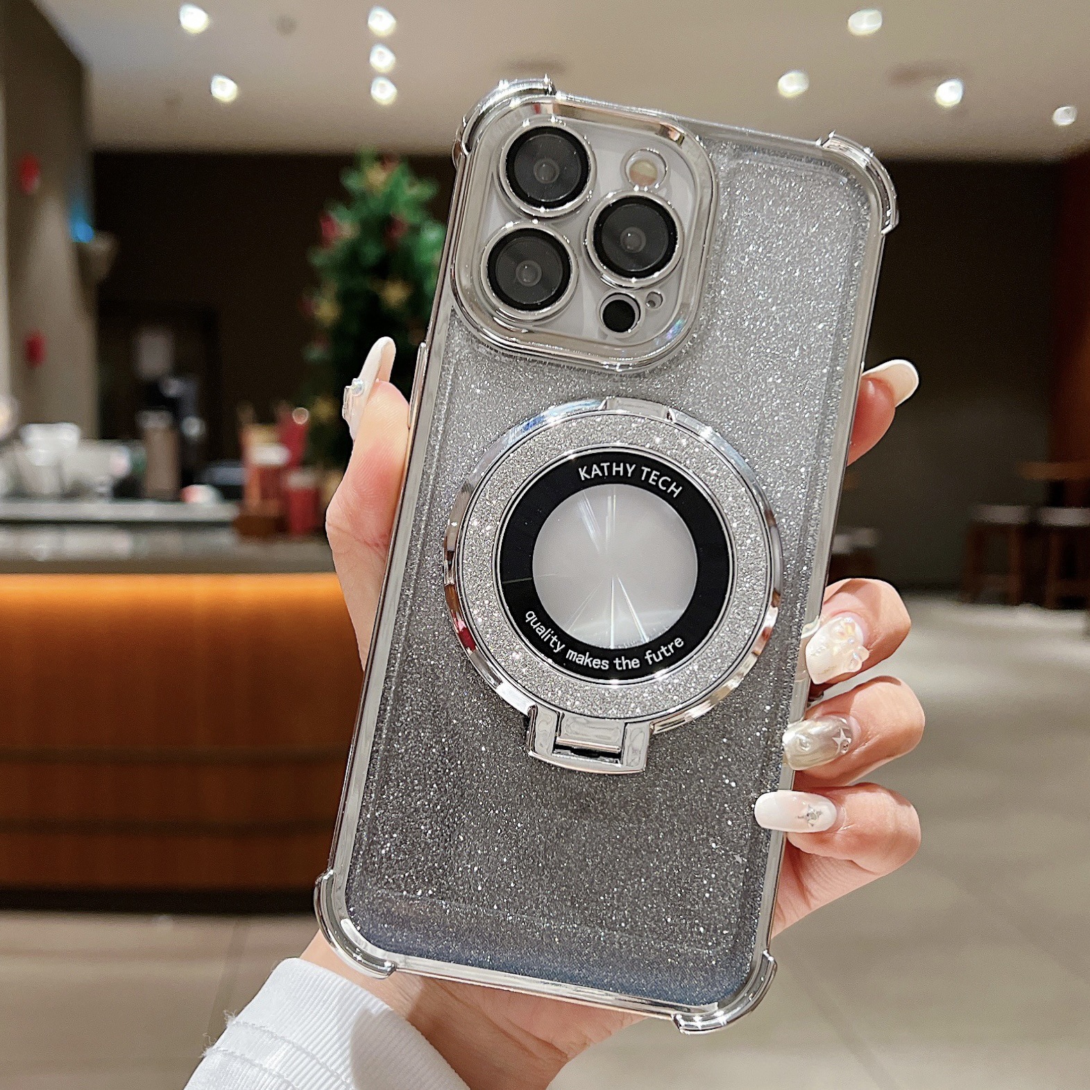 Funda magnética con purpurina para iPhone 17, 16 y 15, con acabado electrochapado degradado, cuatro esquinas anticaídas y soporte magnético.