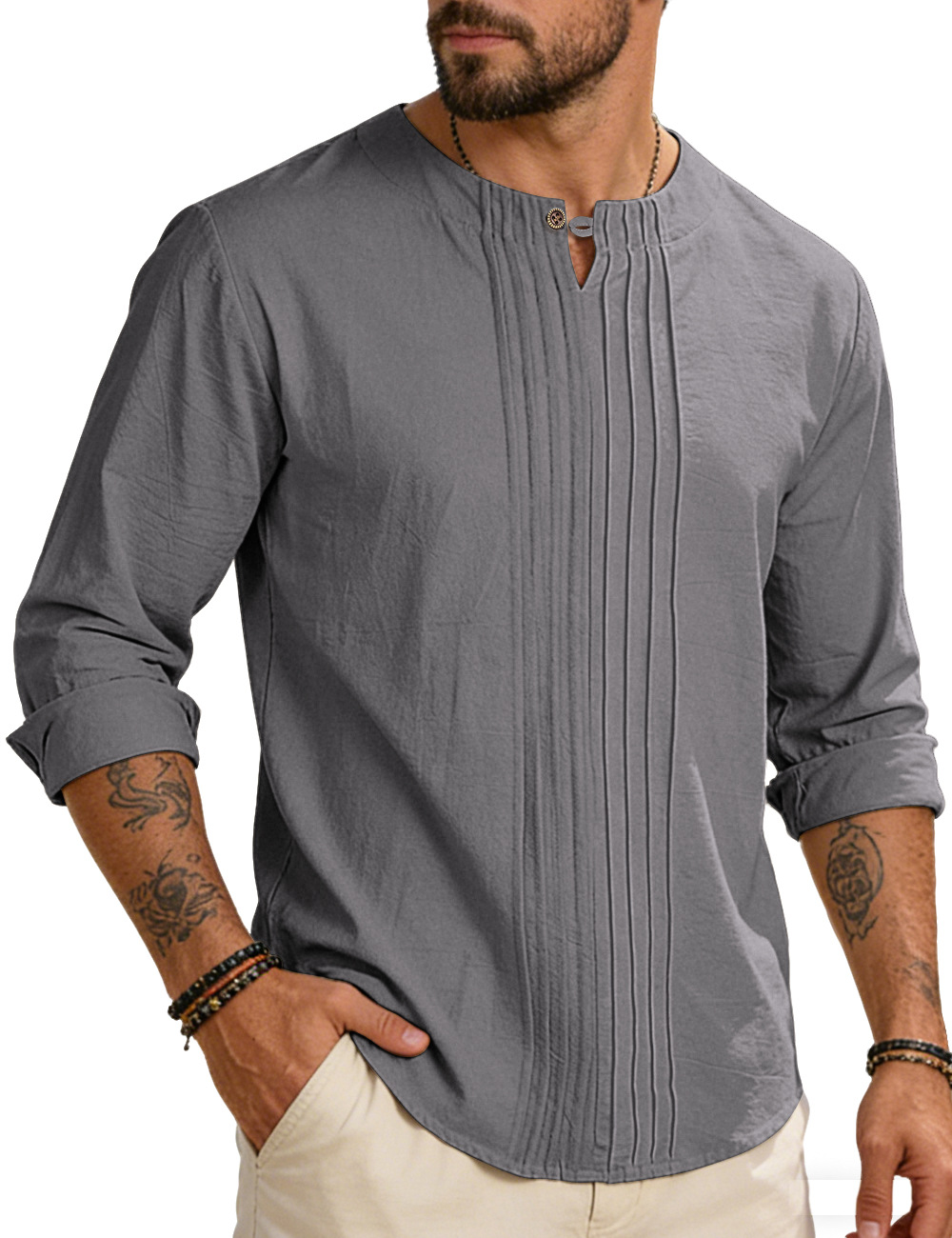 Estación independiente transfronteriza europea y americana spot cuello redondo manga larga hombre primavera otoño y verano blusa de algodón y lino suelta camisa de abrigo