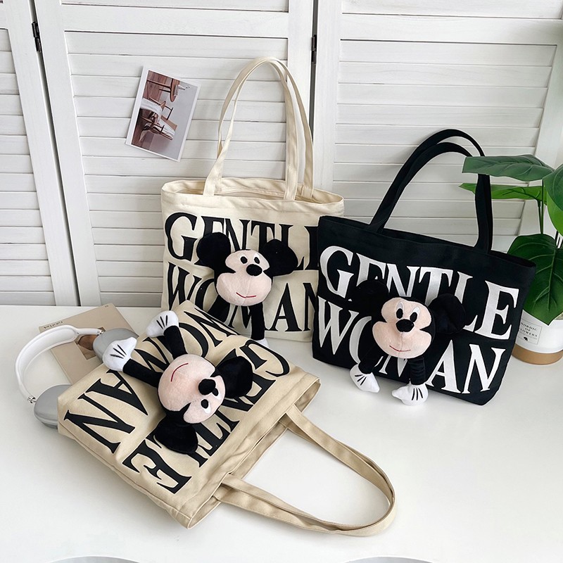 跨境大容量帆布包包女春夏百搭2025新款卡通休闲单肩大学生托特包