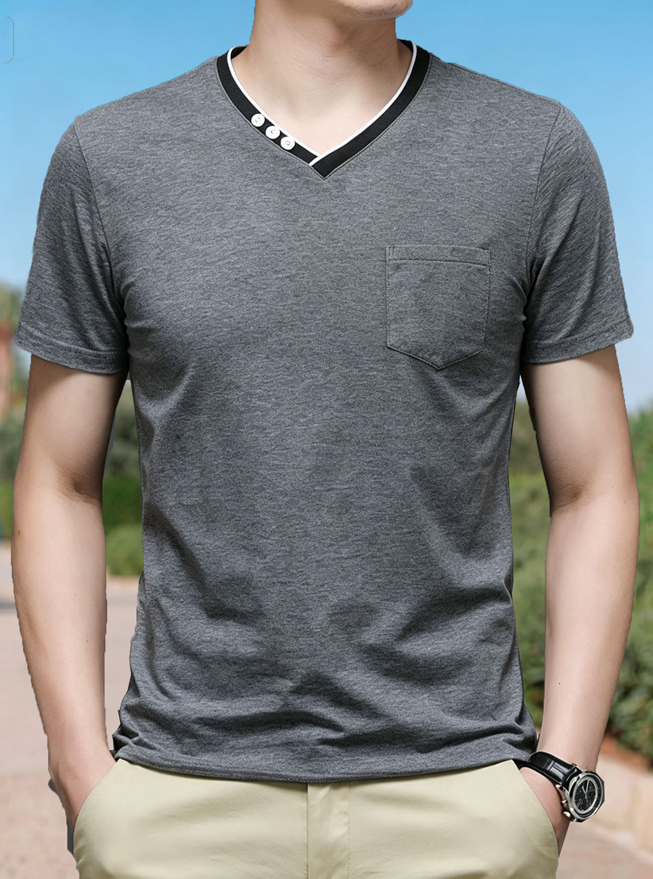 Transfronterizos eBay verano nuevo hombre color contrastante cuello V camiseta delgada grande americano con bolsillo casual deportivo mangas cortas