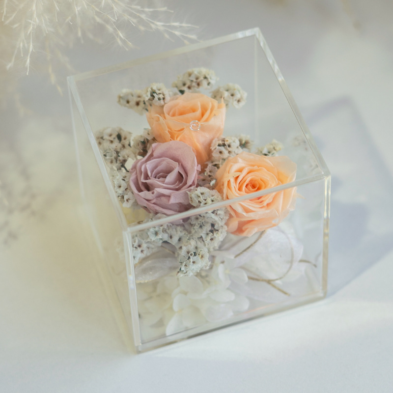 Caja de flores acrílica cuadrada con rosa eterna de Yunnan, regalo de alta gama para el Día de la Madre y el Día de San Valentín, adorno de flor eterna.