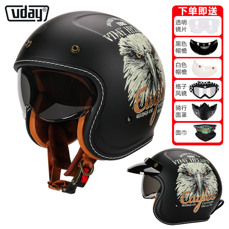 Motuoche – Motosiklet kaskı (dəbilqə) Motorcycle Helmet - va-1-matte-black-eagle-head-gift-visor-brim-black-goggles-mask-scarf-m-53-54cm