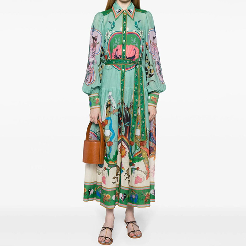 Women's Dress With Personalized Graffiti Lantern Sleeves, Printed Lapel, Cinched Waist And Large Swing_ecoleips.com