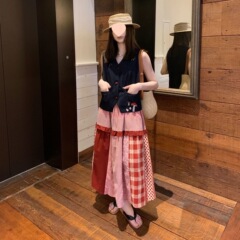 套装女夏季法式复古刺绣牛仔无袖背心马甲开衫格子拼接半身裙子潮