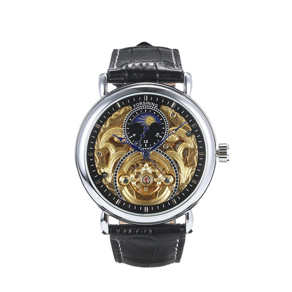 Forsining hombres de moda hueco-hacia fuera transparente reloj mecánico automático reloj de los hombres reloj de la correa ocasional