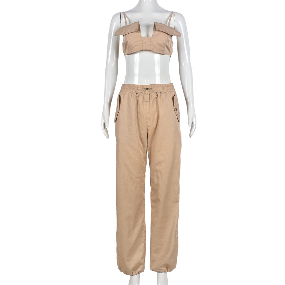 Spaghetti Straps Corset Niche Cropped Outfit Ankle Tied Trousers Drawstring Two Piece Set for Women