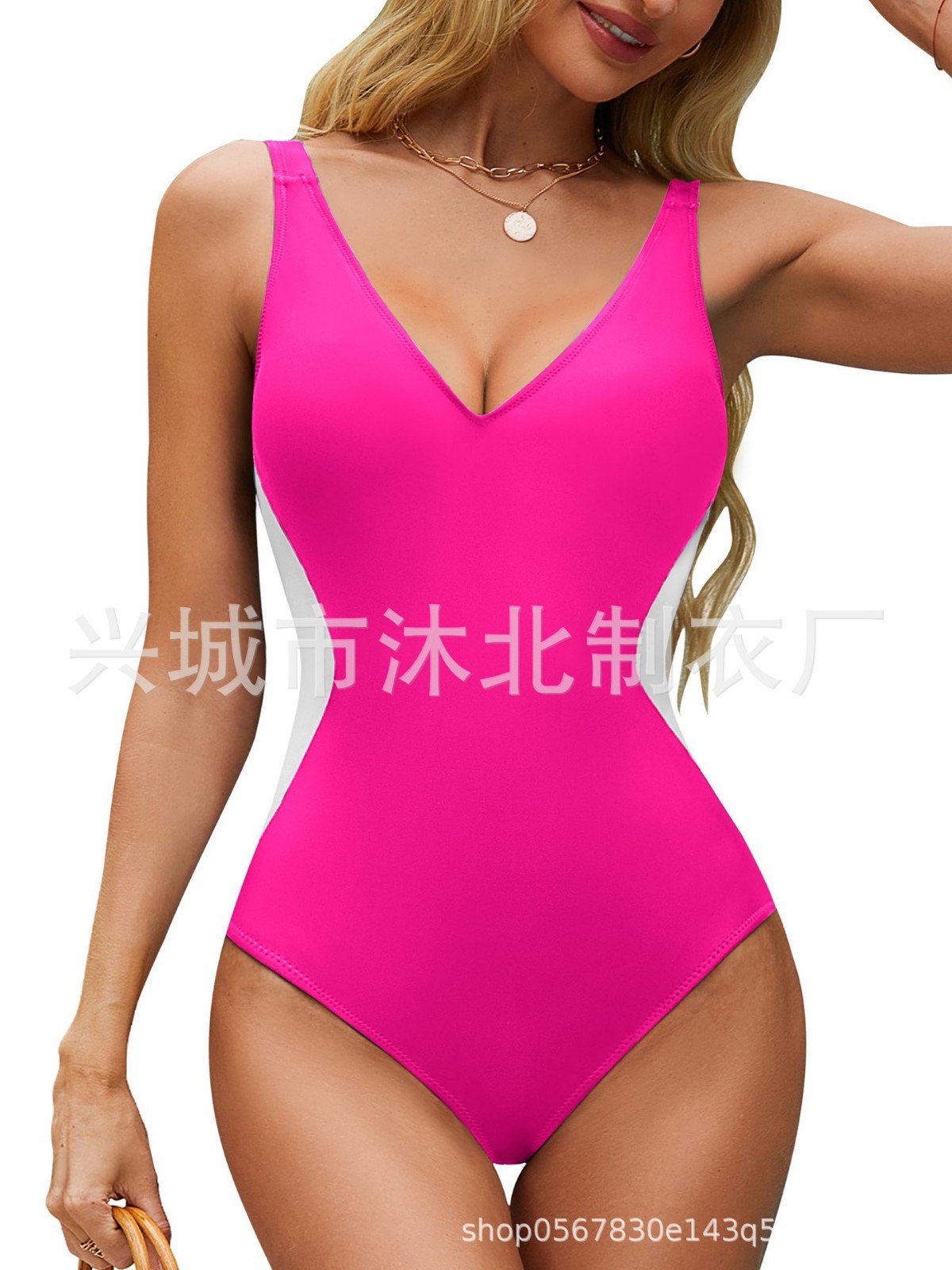 Traje de Baño Enterizo para Mujer, Estilo Europeo y Americano, con Tirantes, Ajustado, Reductor de Abdomen, Escote en V Profundo, Bloques de Color, Espalda Cruzada, 2025