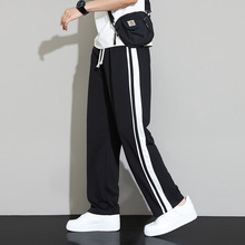 直筒阔腿裤男款夏季2025新款条纹宽松运动裤冰丝薄款透气百搭显瘦