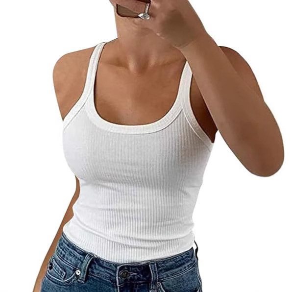 European and American Cross-Border Thin Strap Low Round Neck Ribbed Tank Top Slim Fit Camisole Basic Sleeveless Layered Slim Fit Tank Top for Women