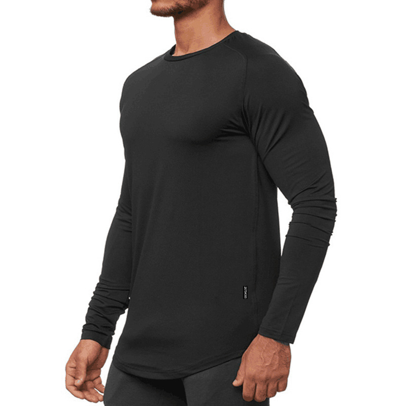 T-shirt da uomo a maniche lunghe primaverili e autunnali in maglia tinta unita con scollo tondo, maglietta sportiva da uomo ad asciugatura rapida_voghion.com