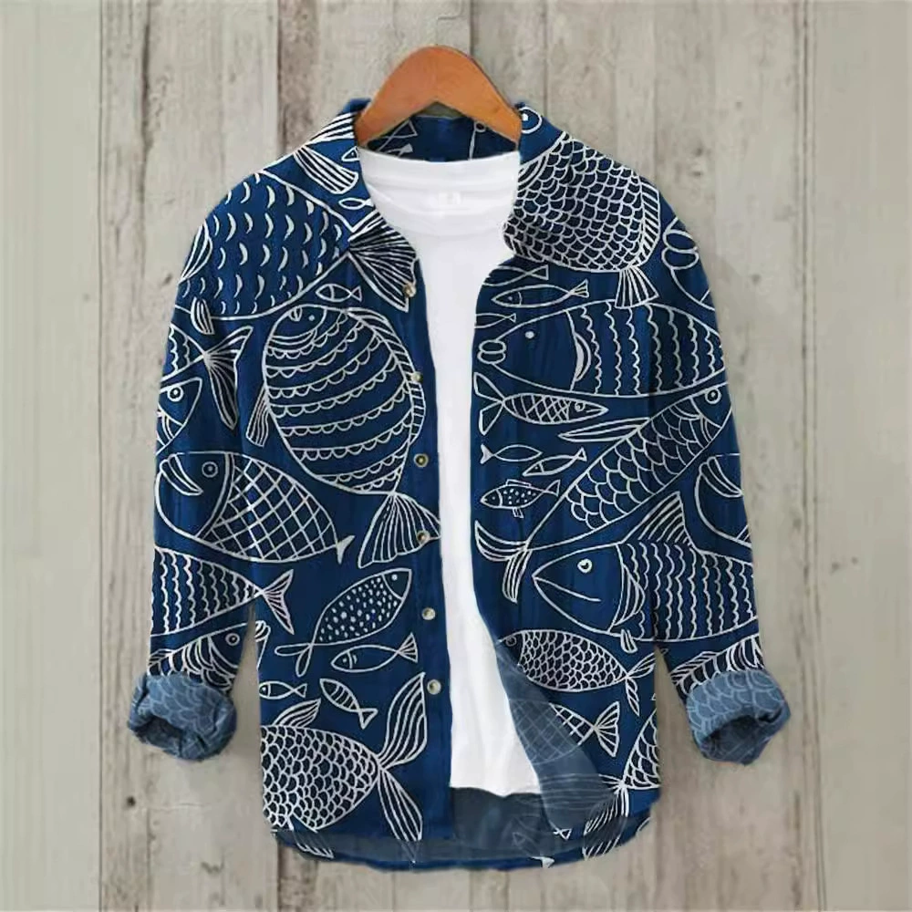 Мужская рубашка с длинными рукавами в стиле ретро весной и осенью тонкая удобная льняная корейская версия молодежного колледжа креативная цифровая печать