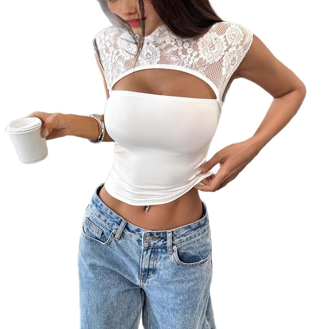 Women's Slim Fit Lace Patchwork Short Top Spring/Summer Casual Elegant Fashion Hollowed Out American Style Tee_ecoleips.com
