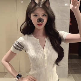 韩系复古半开领正肩麻花短袖针织衫女夏季收腰显瘦小众超好看上衣