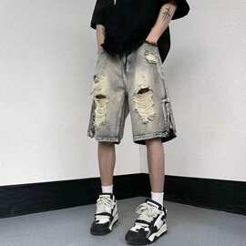 美式高街破洞牛仔短裤夏季男薄款拉链直筒宽松潮流阔腿新款五分裤