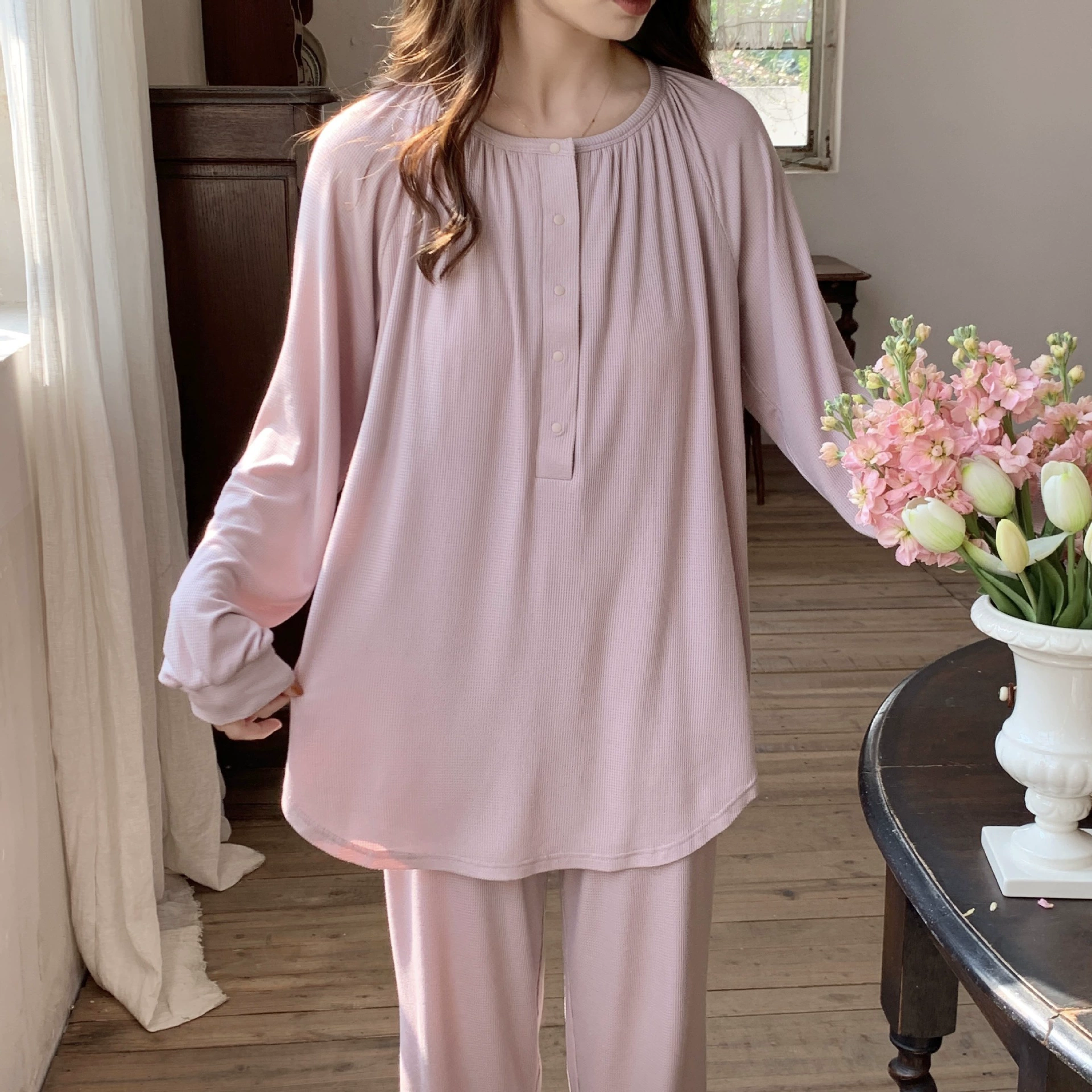 [Готовый запас 6086] Пижамы для послеродового периода, вафельные свободные модальные одежды большого размера для беременных и грудного вскармливания