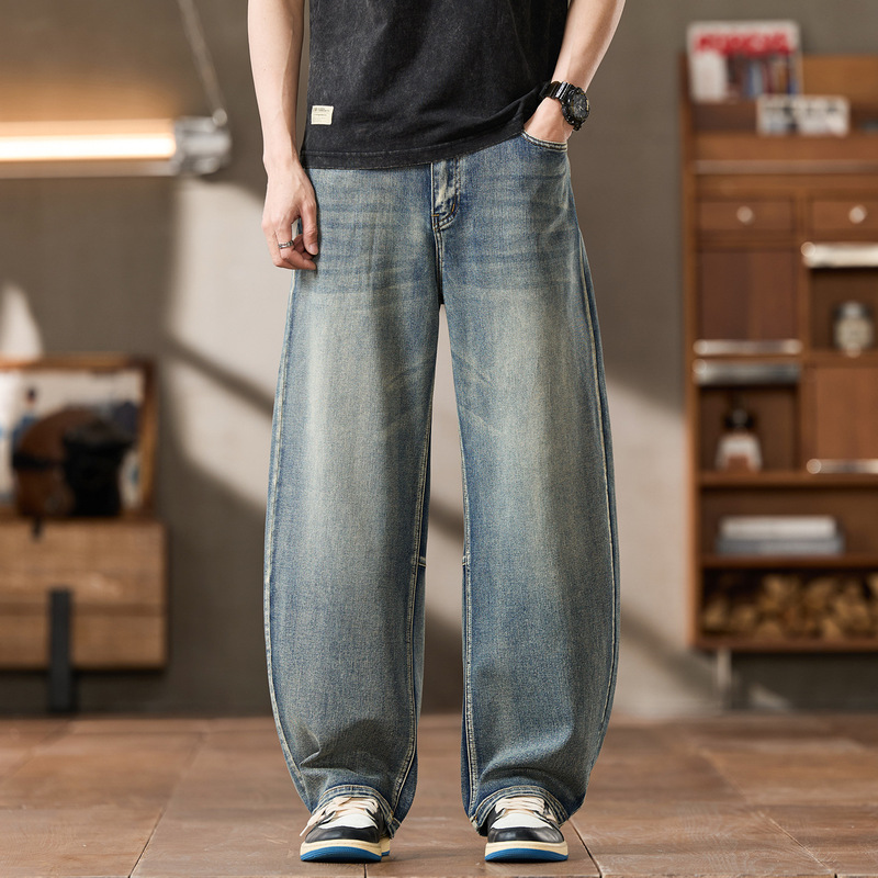 1093 | Plus-Size Men's Spring/Summer New Vintage Washed Scimitar Jeans, Loose Stretch Wide-Leg Straight Pants