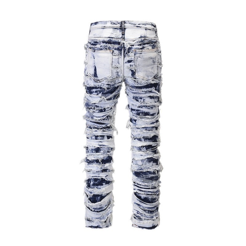 Men's Clothing high street retro destruction scratched horizontal washing old fashion brand beggar hiphop slim stretch denim trousers_voghion.com