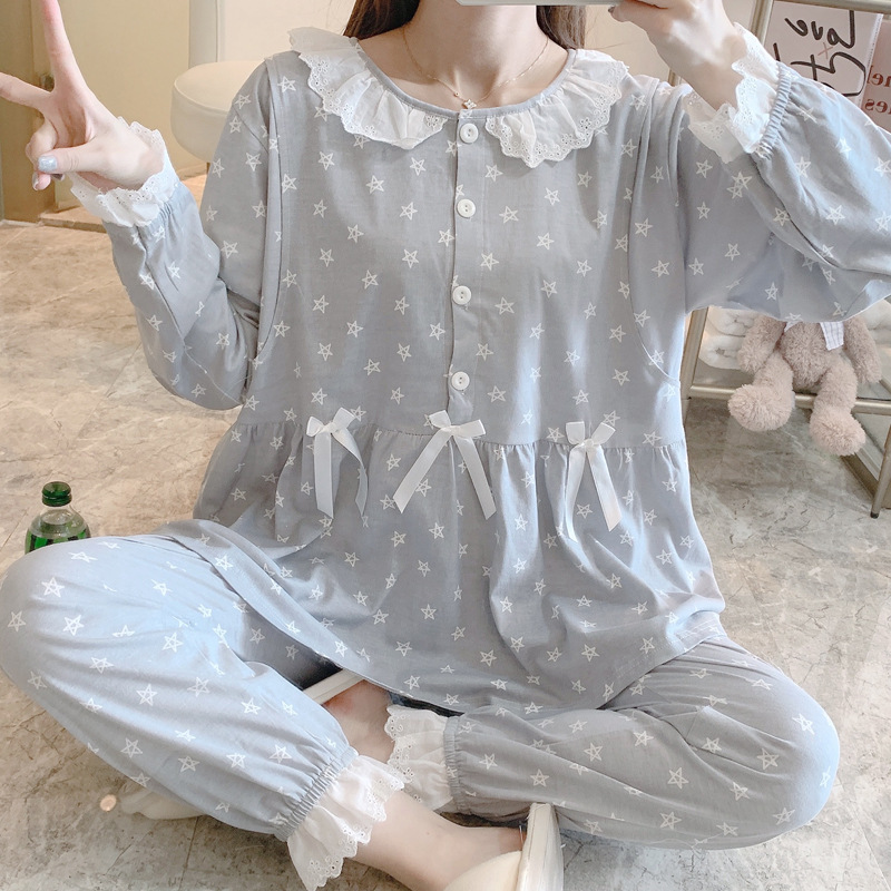 모유 수유를위한 10 월 봄과 가을에 모유 수유를위한 긴팔 잠옷 공주 헐렁한 플러스 사이즈 가정 옷
