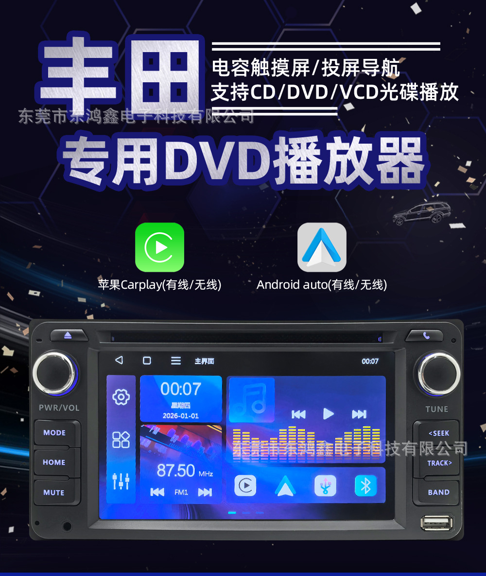Suitable for Toyota Corolla, Camry, Hiace, Great Wall M1/M2 car DVD Bluetooth USB screen projection player
