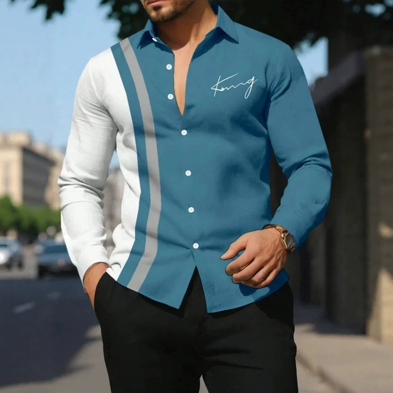 Cross-Border Independent Site Temu Shein Blue, White, and Gray Vertical Stripe Patchwork Signature Men's Turn-Down Collar Long-Sleeve Shirt Factory Wholesale