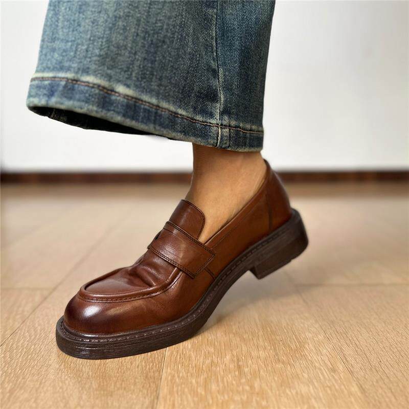 Giày lười nữ da thật Anh, mũi tròn, gót thấp 3–5 cm, đế bằng — màu đen chi tiết 15