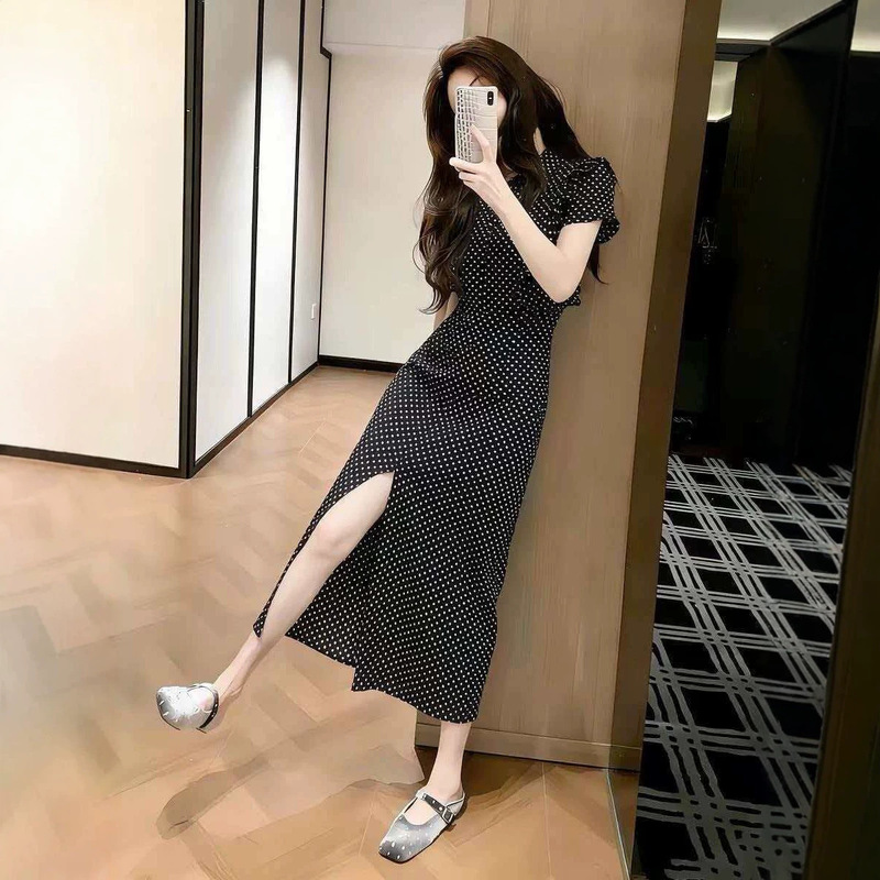 French-Style Black Polka-Dot Short-Sleeved Dress for Women, New Summer Style, Super Nice, Unique and Beautiful Slit Long Dress French-Style Black Polka-Dot Short-Sleeved Dress for Women, New Summer Style, Super Nice, Unique and Beautiful Slit Long Dress