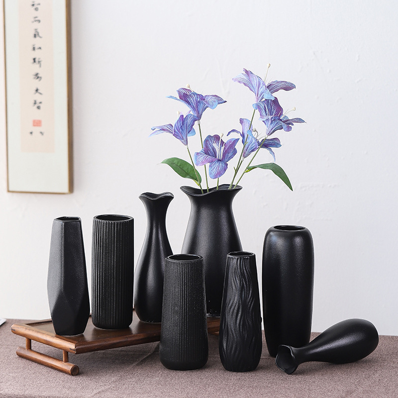 Zhenmao Modern Black Ceramic Vase Living Room Flower Arrangement Light Luxury High-End Flower Decoration Dried Flowers