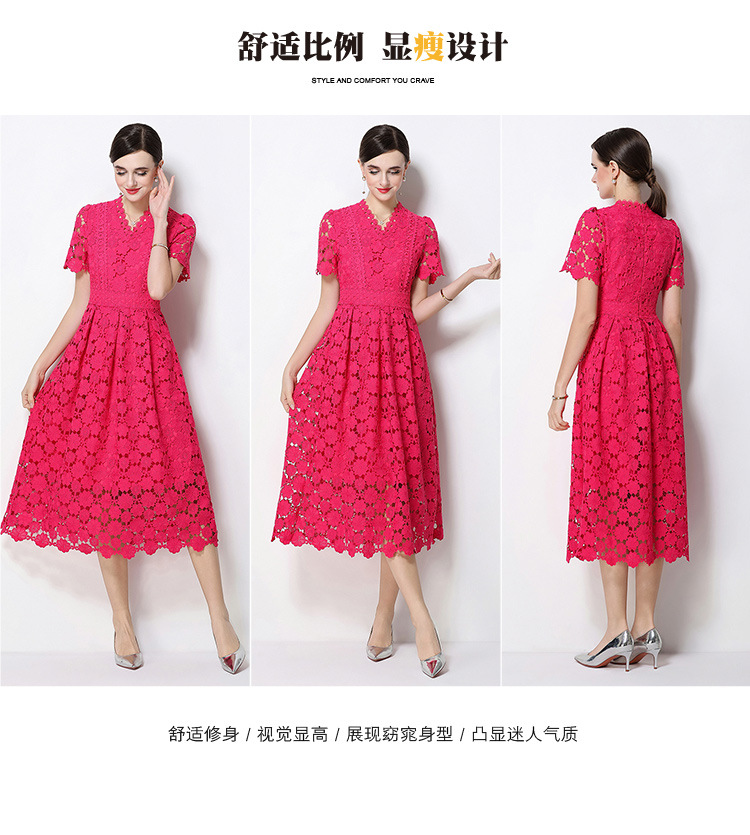 Đầm maxi nữ cổ V ren thắt eo tay ngắn họa tiết rỗng — màu đen, Rượu vang đỏ, màu hồng đậm, màu trắng chi tiết 94