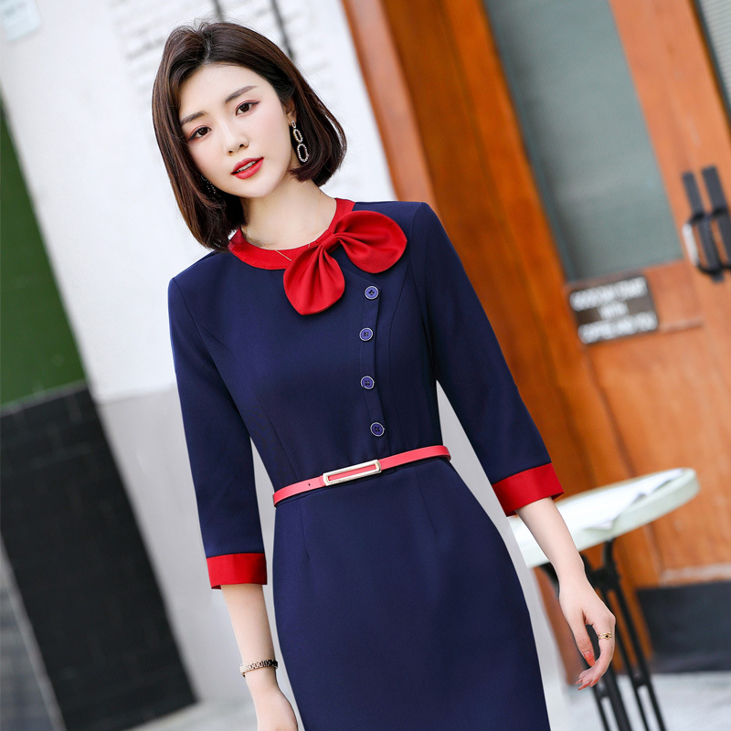 2024新款时尚职业红圆领中袖连衣裙酒店宴会珠宝店专柜前台工作服