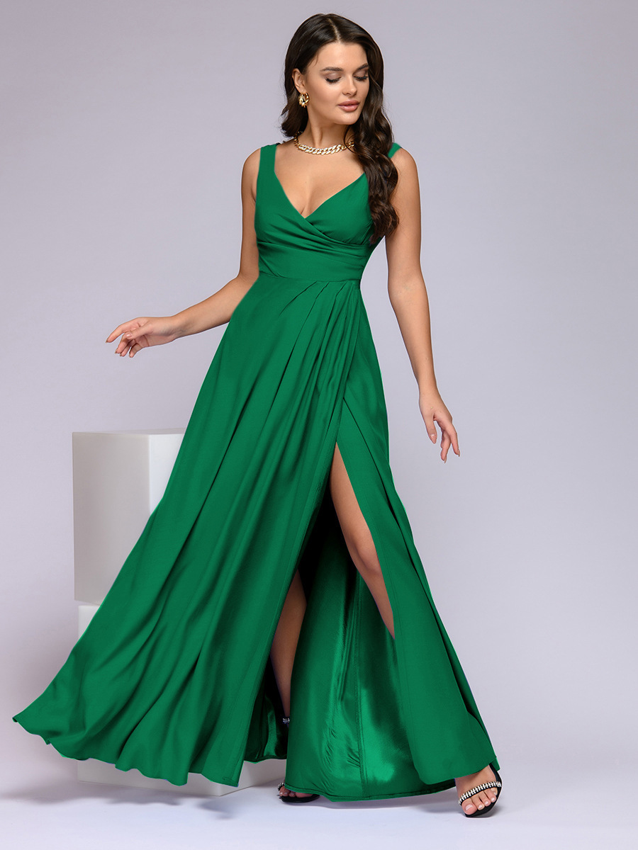 Femmes Robe De Fête Élégant Col En V Cuisse Fente Sans Manches Couleur Unie Maxi Longue Robe Banquet display picture 5