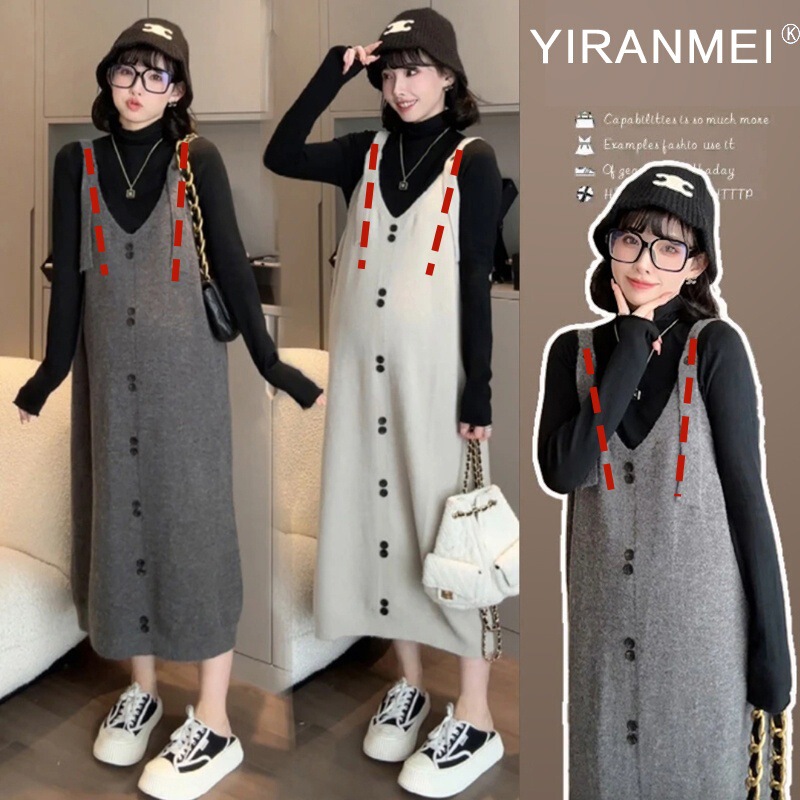 Postpartum Wear Autumn and Winter Breastfeeding Clothes Going Out Hot Mom Breastfeeding Knitted Sweater Strap dress Korean suit