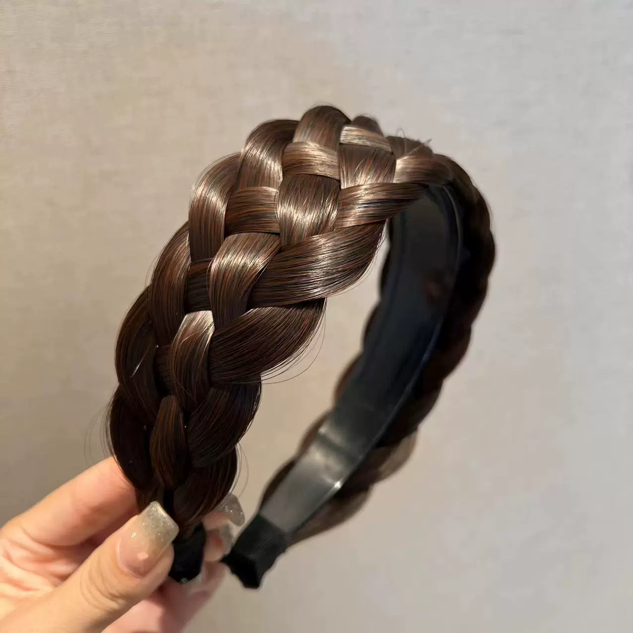handmade wig headband with pigtail, scalloped hair accessory, matte silk, Ø≈15 cm