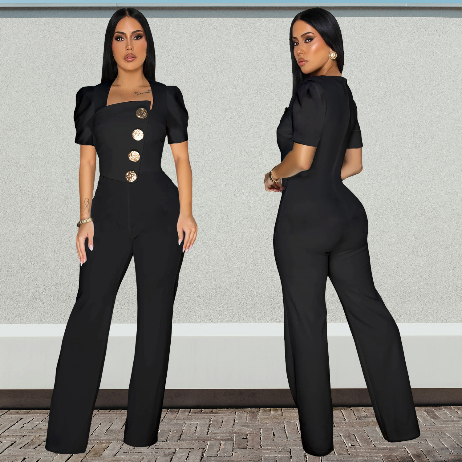 C7378 Cross-border AliExpress Amazon Ropa de mujer de moda europea y americana Botón grande Mono deportivo de pierna ancha de manga corta Nuevo image 4