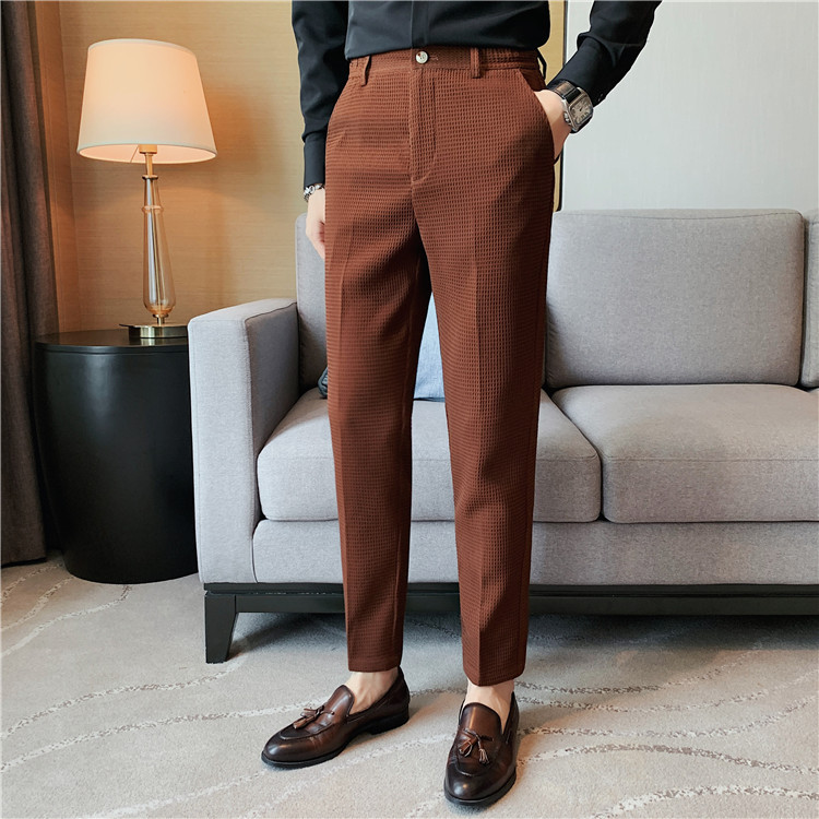 Pantalon décontracté droit gaufré à la mode et simple de marque tendance paresseuse, pantalon slim à petite jambe, pantalon d'affaires suspendu_voghion.com