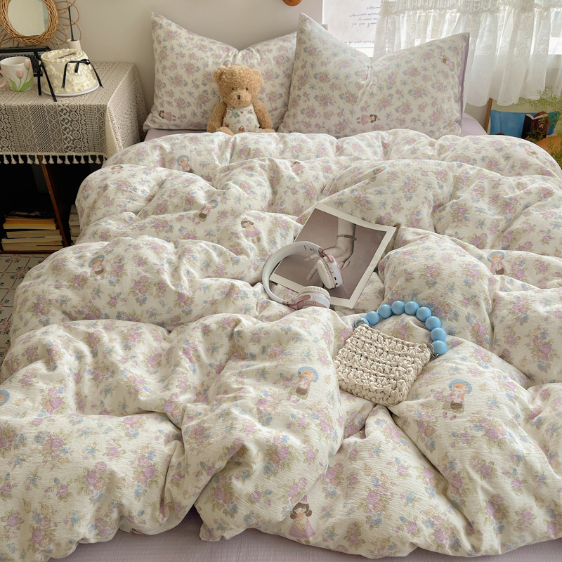 Ins Style Naked Sleeping Type a Four-Piece Set Pure Cotton Double-Layer Gauze Quilt Cover Bed Sheets Quilt Cover Dormitory Maternal and Infant Grade Cotton Three-Piece Set