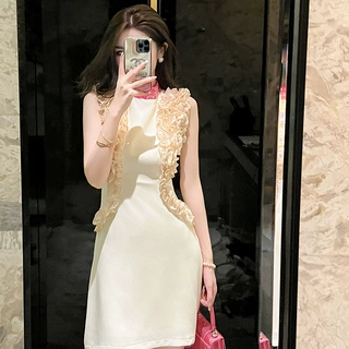 小洋装礼服裙子2026夏季新款女装名媛木耳边收腰a字裙连衣裙10593