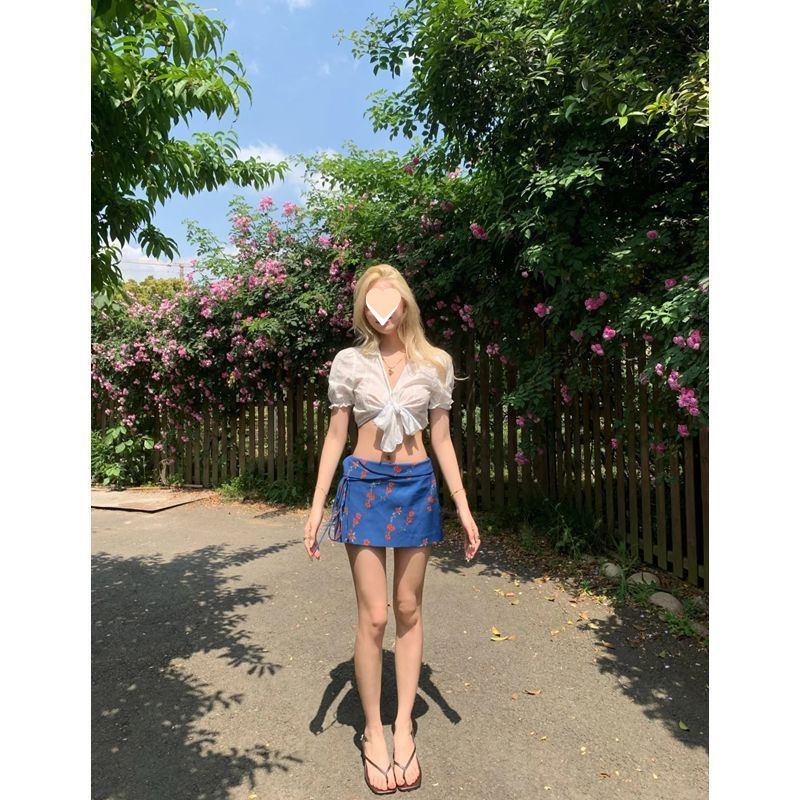 套装女2025夏季新款欲风绑带短款衬衫上衣高腰蓝色碎花半身裙潮|undefined