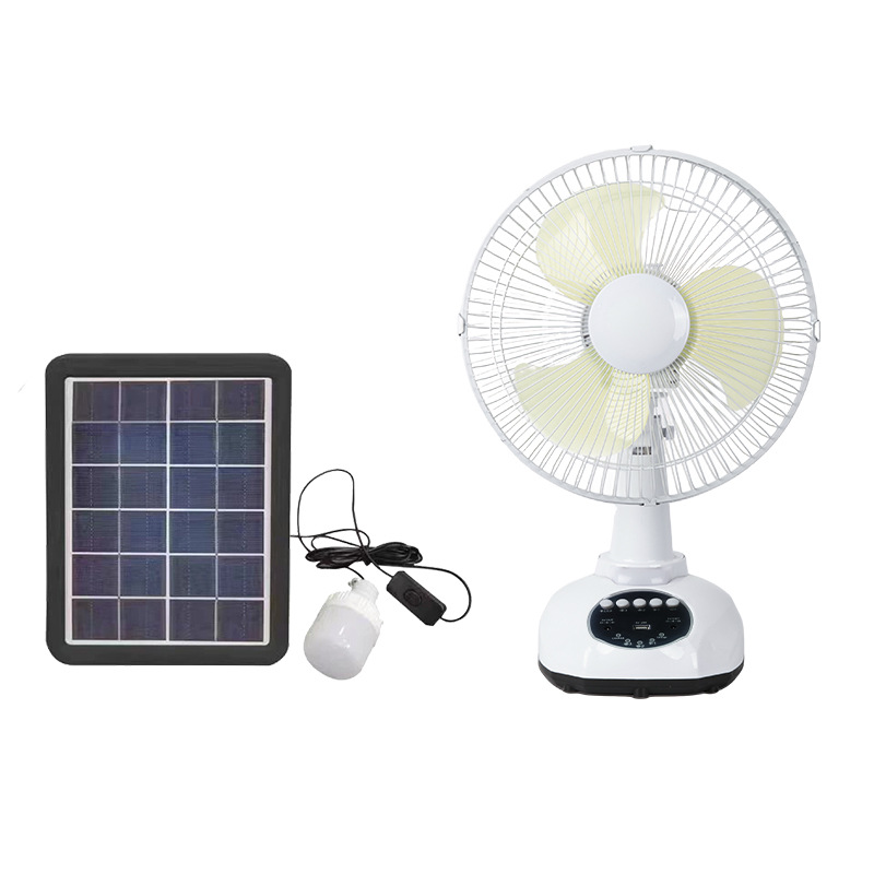 Ventilador solar de escritorio de 12 pulgadas con iluminación de bombillas para dos usuarios almacenamiento de energía externo multifuncional ventilador solar de escritorio