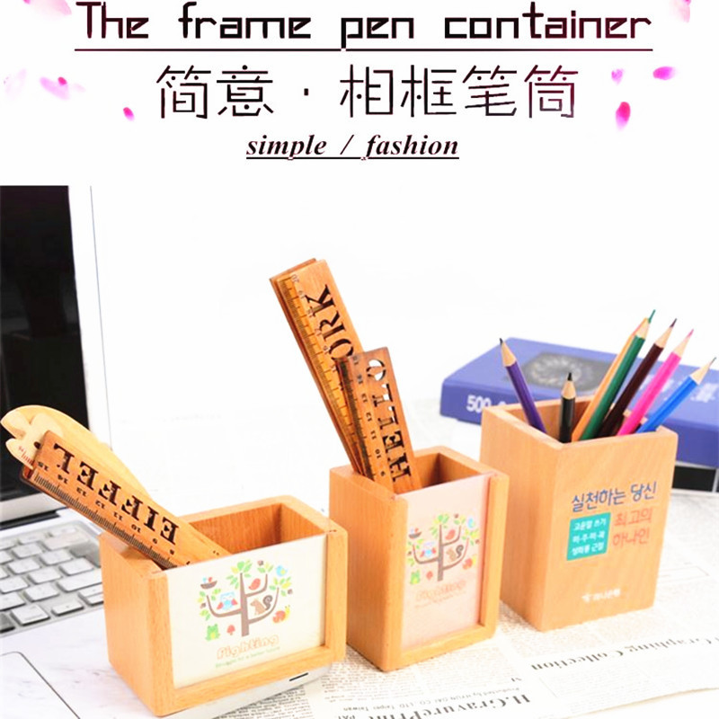 Marco de foto de madera sólida lápiz creativo multifuncional lápiz de madera tronco aprendiendo caja de almacenamiento de escritorio